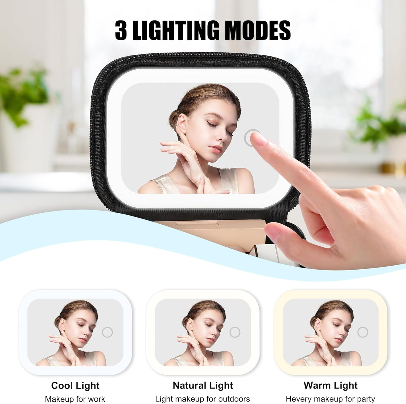 Mini Makeup Bag with Led Mirror, Small Makeup Bag with 3 Light Mode | Adjustable Brightness, Rechargeable, Portable Cosmetic Bag with Hands-Free Wrist Strap for Pool Parties, Work Touch-Ups