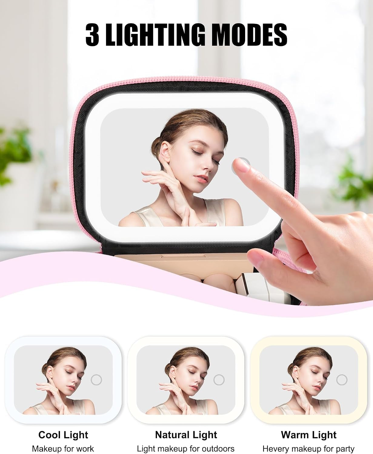 Mini Makeup Bag with Led Mirror with 3 Light Modes, Pink Strip | Adjustable Brightness, Rechargeable, Portable Cosmetic Bag with Hands-Free Wrist Strap for Pool Parties, Work Touch-Ups
