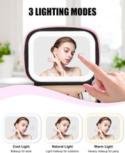 Mini Makeup Bag with Led Mirror with 3 Light Modes, Pink Strip | Adjustable Brightness, Rechargeable, Portable Cosmetic Bag with Hands-Free Wrist Strap for Pool Parties, Work Touch-Ups