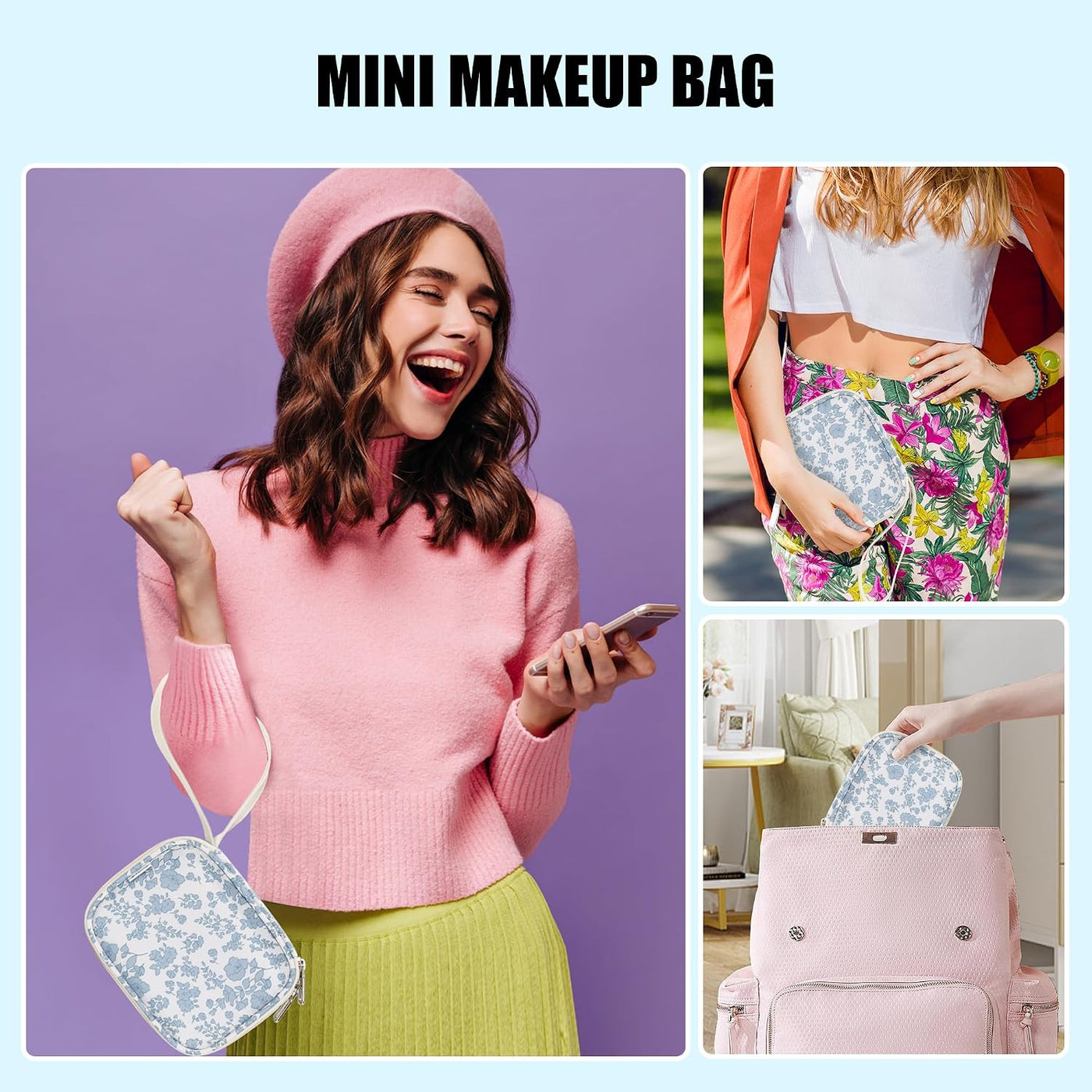 Mini Makeup Bag with LED Mirror, Small Floral Cosmetic Bag | 3 Light Modes, Adjustable Brightness, Rechargeable Mirror, Hands-Free Wrist Strap for Work, Trip, Camping