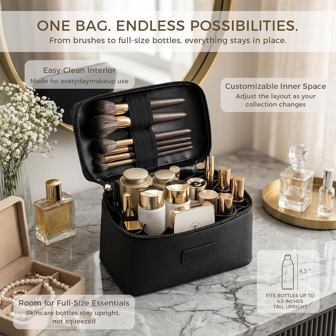 Makeup Bag Vanity Case for Women – Portable Cosmetic Bag Makeup Bag Organizer Travel Toiletry Bag with Removable Divider