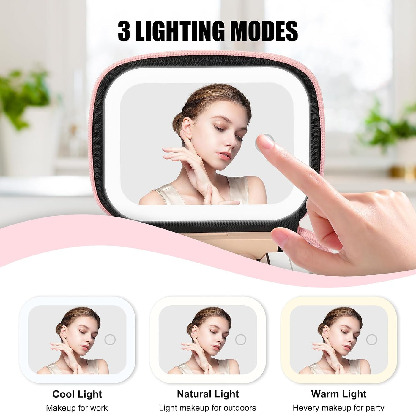 Mini Makeup Bag with Led Mirror, Rechargeable Portable Makeup Pouch | Small Cosmetic Bag with 3 Light Modes, Adjustable Brightness, Hands-Free Wrist Strap, Suitable for Party, Work, Camping
