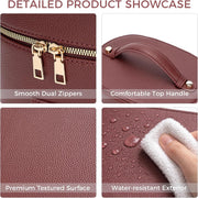 Leather Vanity Case Makeup Bag with Removable Divider, Washable Compartments, Dual Zipper & Carry Handle – Travel Toiletry Organizer for Women
