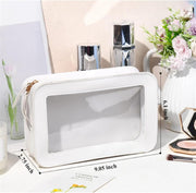 Clear and Waterproof Makeup Bag Portable Travel Cosmetic Case Organizer for Women Toiletry Pouch with Transparent Vinyl Windows & Zippers (White)