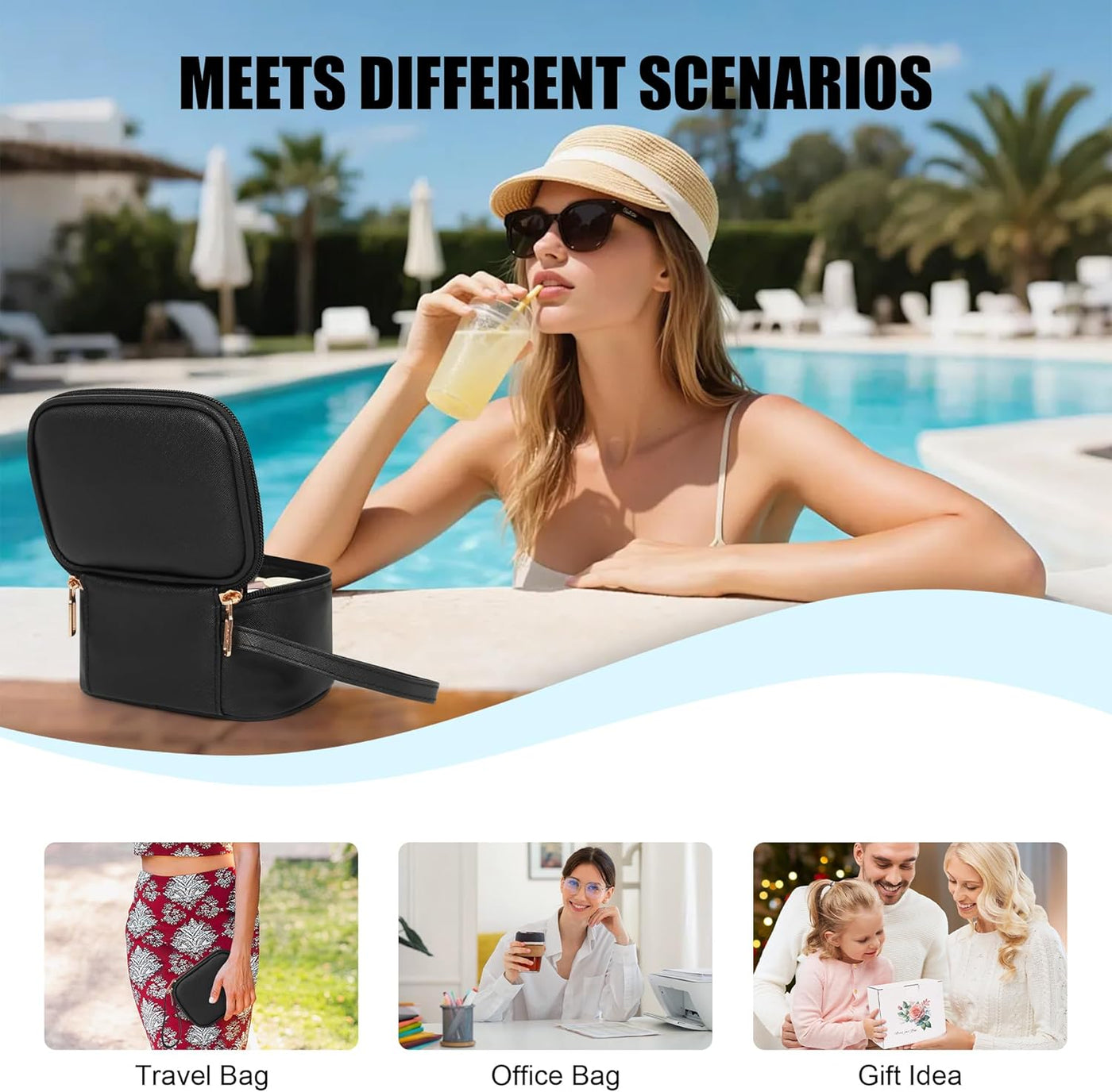 Mini Makeup Bag with Led Mirror, Small Makeup Bag with 3 Light Mode | Adjustable Brightness, Rechargeable, Portable Cosmetic Bag with Hands-Free Wrist Strap for Pool Parties, Work Touch-Ups