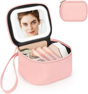 Mini Makeup Bag with Led Mirror, Rechargeable Portable Makeup Pouch | Small Cosmetic Bag with 3 Light Modes, Adjustable Brightness, Hands-Free Wrist Strap, Suitable for Party, Work, Camping
