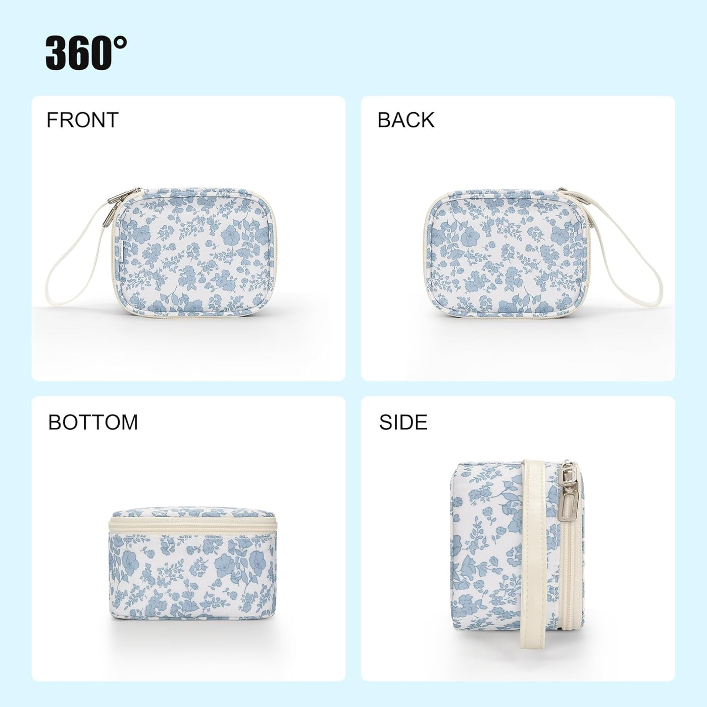 Mini Makeup Bag with LED Mirror, Small Floral Cosmetic Bag | 3 Light Modes, Adjustable Brightness, Rechargeable Mirror, Hands-Free Wrist Strap for Work, Trip, Camping
