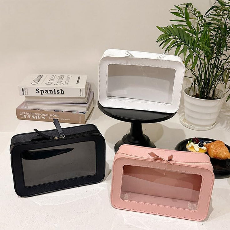 Clear and Waterproof Makeup Bag Portable Travel Cosmetic Case Organizer for Women Toiletry Pouch with Transparent Vinyl Windows & Zippers (Black)