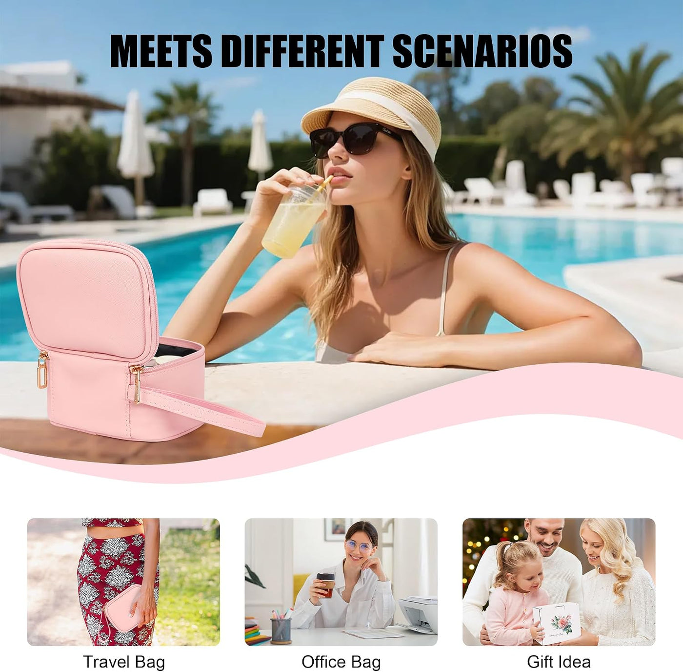Mini Makeup Bag with Led Mirror, Rechargeable Portable Makeup Pouch | Small Cosmetic Bag with 3 Light Modes, Adjustable Brightness, Hands-Free Wrist Strap, Suitable for Party, Work, Camping