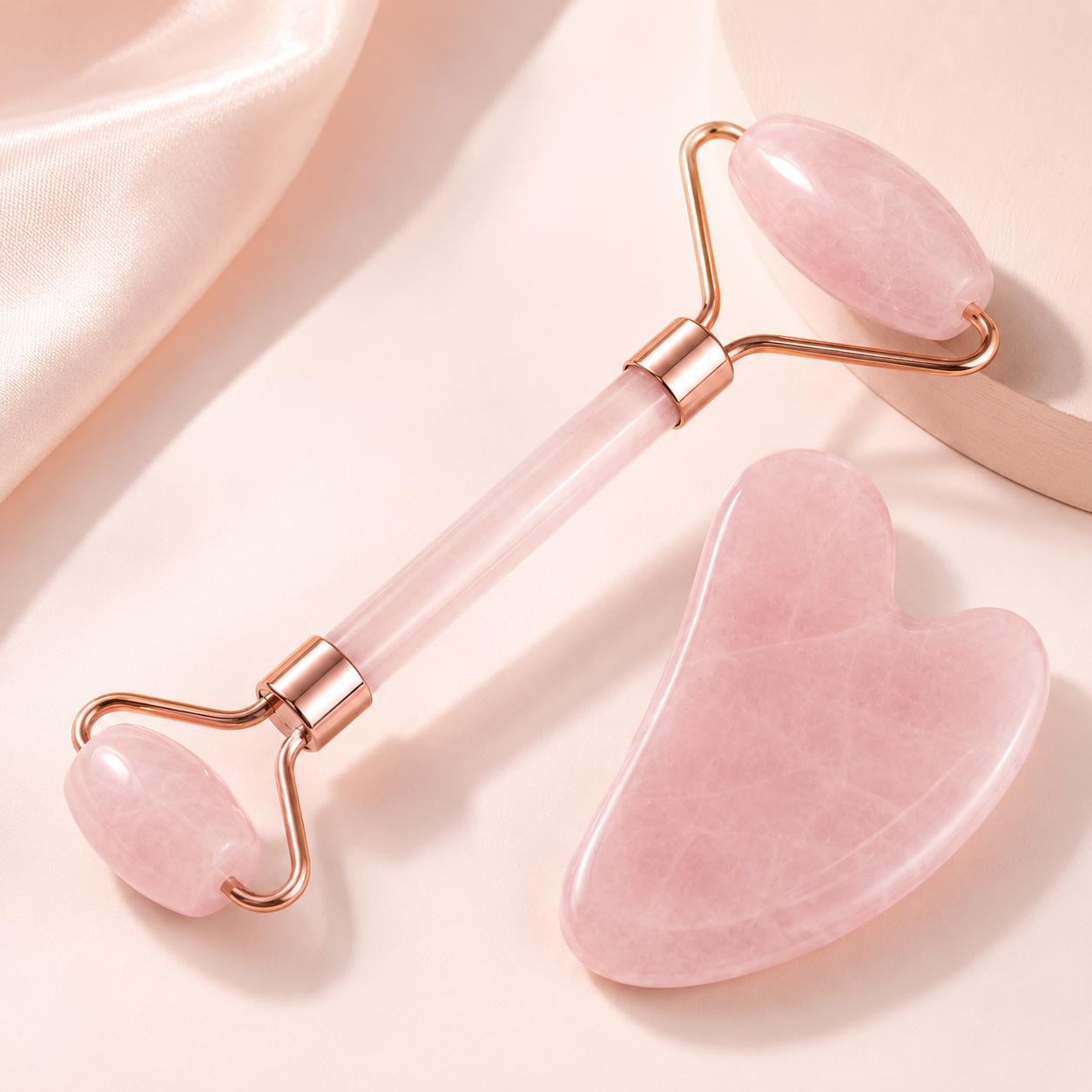 Rose Quartz Facial Roller and Heart Gua Sha