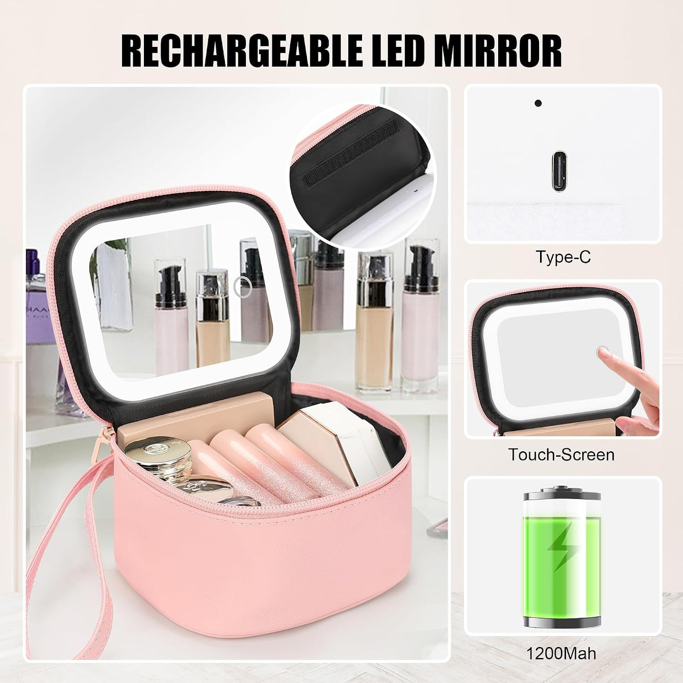 Mini Makeup Bag with Led Mirror, Rechargeable Portable Makeup Pouch | Small Cosmetic Bag with 3 Light Modes, Adjustable Brightness, Hands-Free Wrist Strap, Suitable for Party, Work, Camping