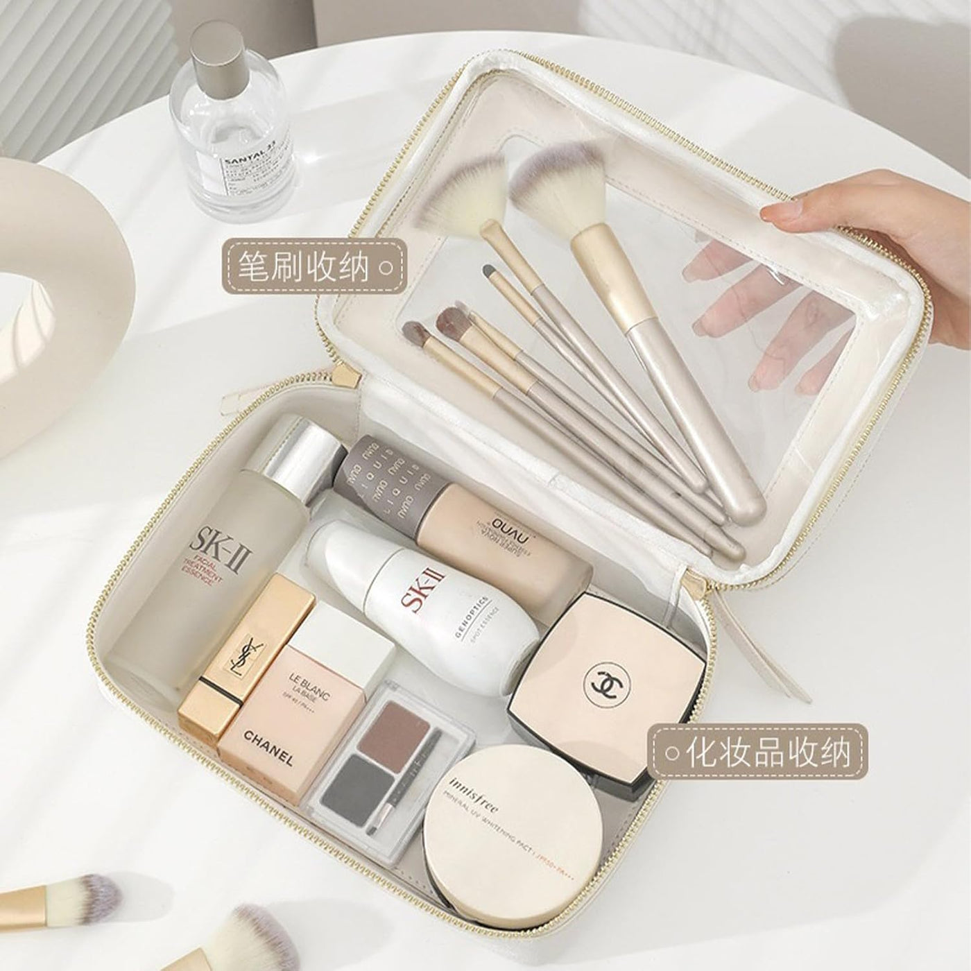 Clear and Waterproof Makeup Bag Portable Travel Cosmetic Case Organizer for Women Toiletry Pouch with Transparent Vinyl Windows & Zippers (White)