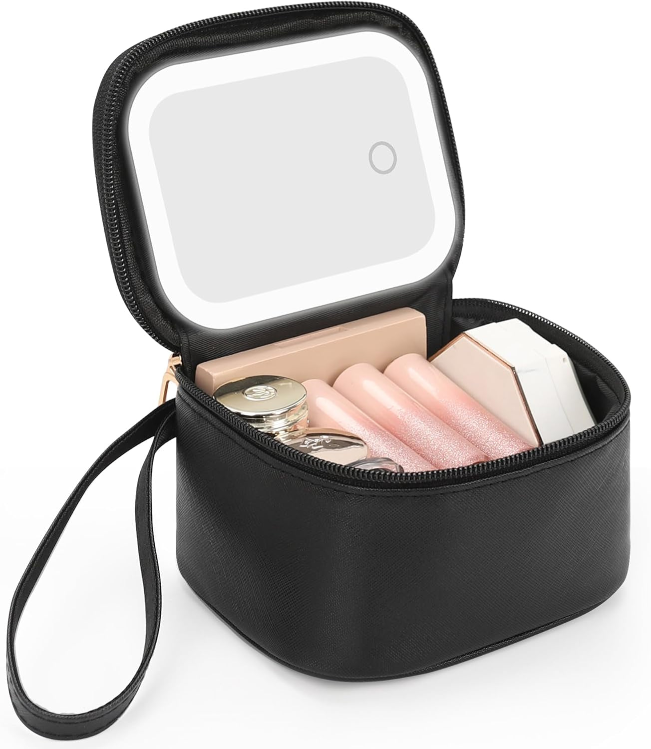 Mini Makeup Bag with Led Mirror, Small Makeup Bag with 3 Light Mode | Adjustable Brightness, Rechargeable, Portable Cosmetic Bag with Hands-Free Wrist Strap for Pool Parties, Work Touch-Ups
