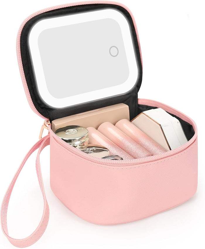 Mini Makeup Bag with Led Mirror, Rechargeable Portable Makeup Pouch | Small Cosmetic Bag with 3 Light Modes, Adjustable Brightness, Hands-Free Wrist Strap, Suitable for Party, Work, Camping