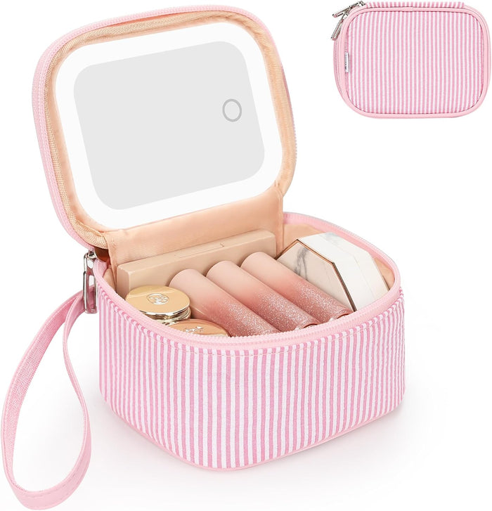 Mini Makeup Bag with Led Mirror with 3 Light Modes, Pink Strip | Adjustable Brightness, Rechargeable, Portable Cosmetic Bag with Hands-Free Wrist Strap for Pool Parties, Work Touch-Ups