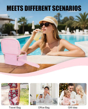 Mini Makeup Bag with Led Mirror with 3 Light Modes, Pink Strip | Adjustable Brightness, Rechargeable, Portable Cosmetic Bag with Hands-Free Wrist Strap for Pool Parties, Work Touch-Ups