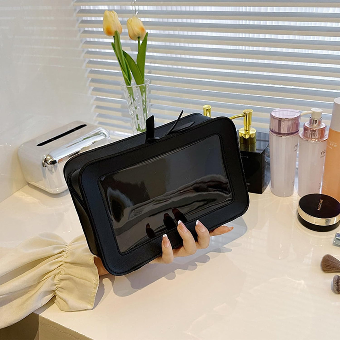 Clear and Waterproof Makeup Bag Portable Travel Cosmetic Case Organizer for Women Toiletry Pouch with Transparent Vinyl Windows & Zippers (Black)