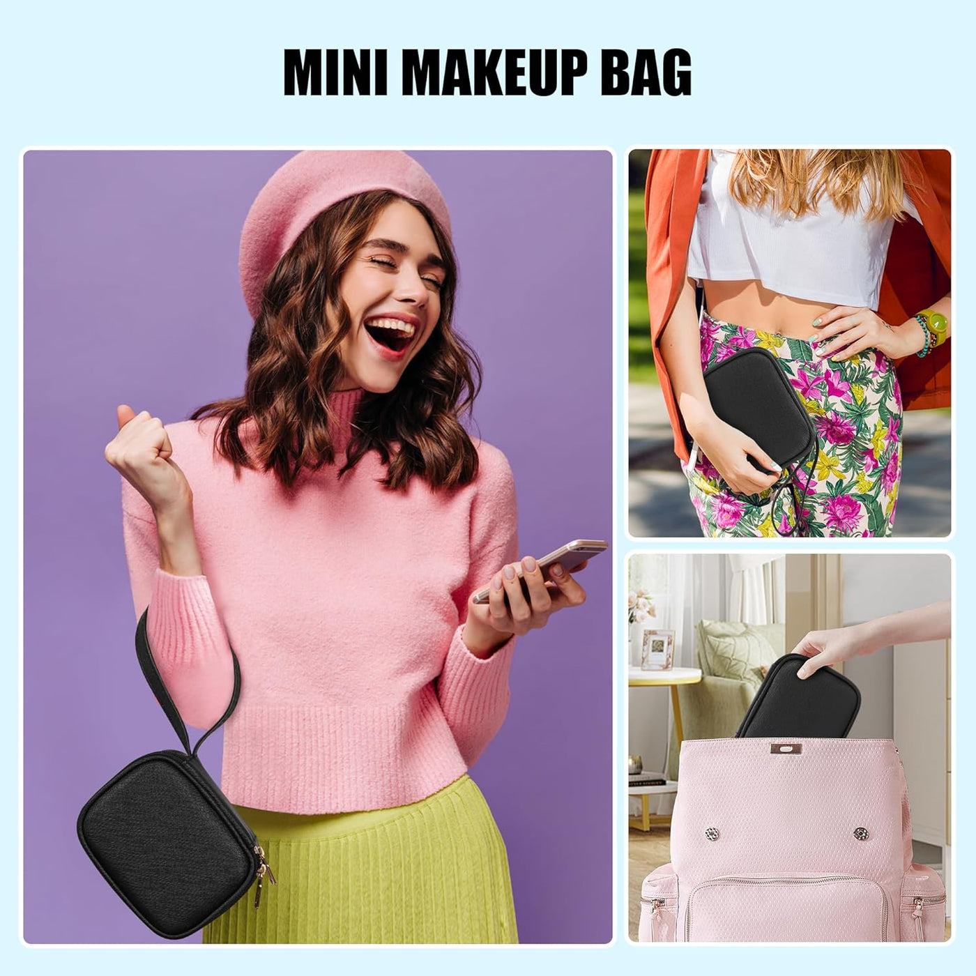 Mini Makeup Bag with Led Mirror, Small Makeup Bag with 3 Light Mode | Adjustable Brightness, Rechargeable, Portable Cosmetic Bag with Hands-Free Wrist Strap for Pool Parties, Work Touch-Ups