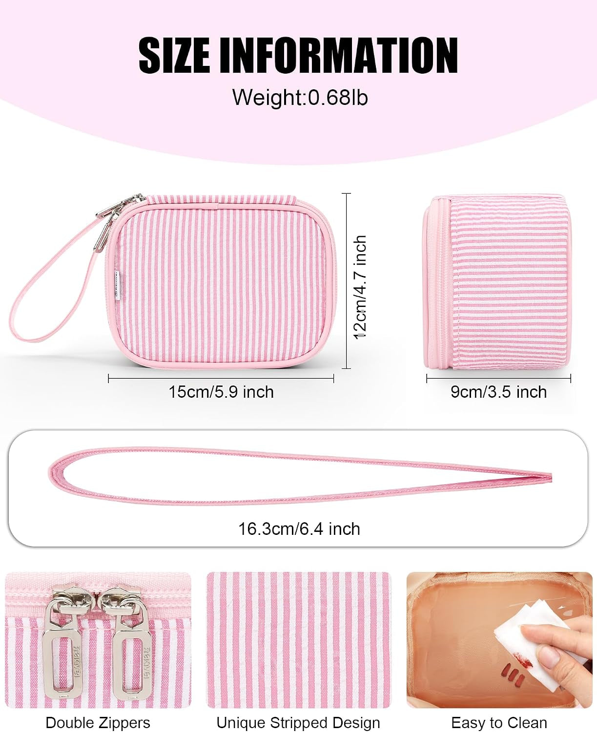 Mini Makeup Bag with Led Mirror with 3 Light Modes, Pink Strip | Adjustable Brightness, Rechargeable, Portable Cosmetic Bag with Hands-Free Wrist Strap for Pool Parties, Work Touch-Ups