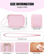 Mini Makeup Bag with Led Mirror with 3 Light Modes, Pink Strip | Adjustable Brightness, Rechargeable, Portable Cosmetic Bag with Hands-Free Wrist Strap for Pool Parties, Work Touch-Ups