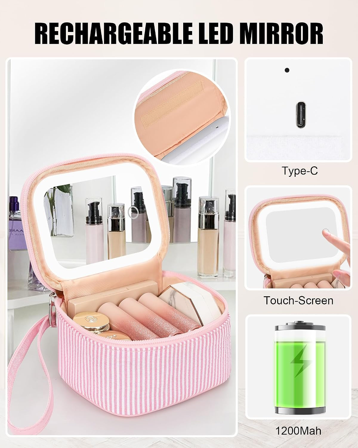 Mini Makeup Bag with Led Mirror with 3 Light Modes, Pink Strip | Adjustable Brightness, Rechargeable, Portable Cosmetic Bag with Hands-Free Wrist Strap for Pool Parties, Work Touch-Ups