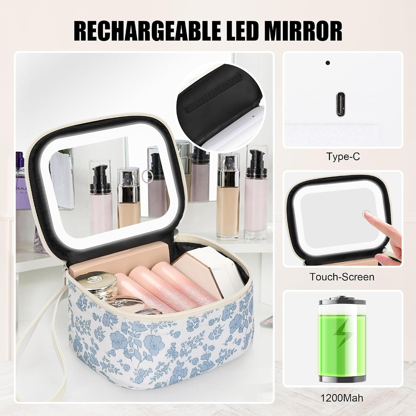 Mini Makeup Bag with LED Mirror, Small Floral Cosmetic Bag | 3 Light Modes, Adjustable Brightness, Rechargeable Mirror, Hands-Free Wrist Strap for Work, Trip, Camping