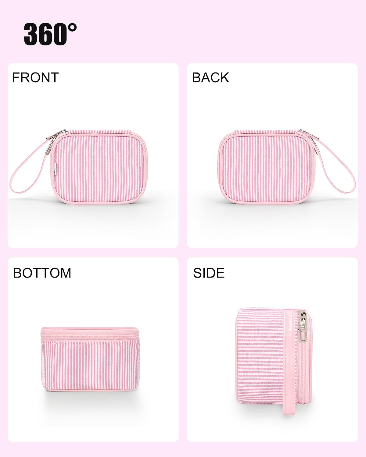 Mini Makeup Bag with Led Mirror with 3 Light Modes, Pink Strip | Adjustable Brightness, Rechargeable, Portable Cosmetic Bag with Hands-Free Wrist Strap for Pool Parties, Work Touch-Ups