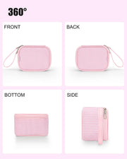 Mini Makeup Bag with Led Mirror with 3 Light Modes, Pink Strip | Adjustable Brightness, Rechargeable, Portable Cosmetic Bag with Hands-Free Wrist Strap for Pool Parties, Work Touch-Ups