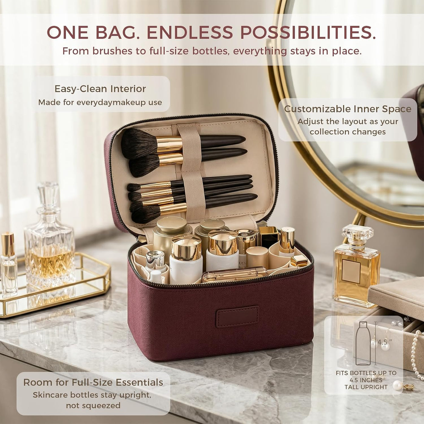 Makeup Bag Vanity Case for Women – Portable Cosmetic Bag Makeup Bag Organizer Travel Toiletry Bag with Removable Divider